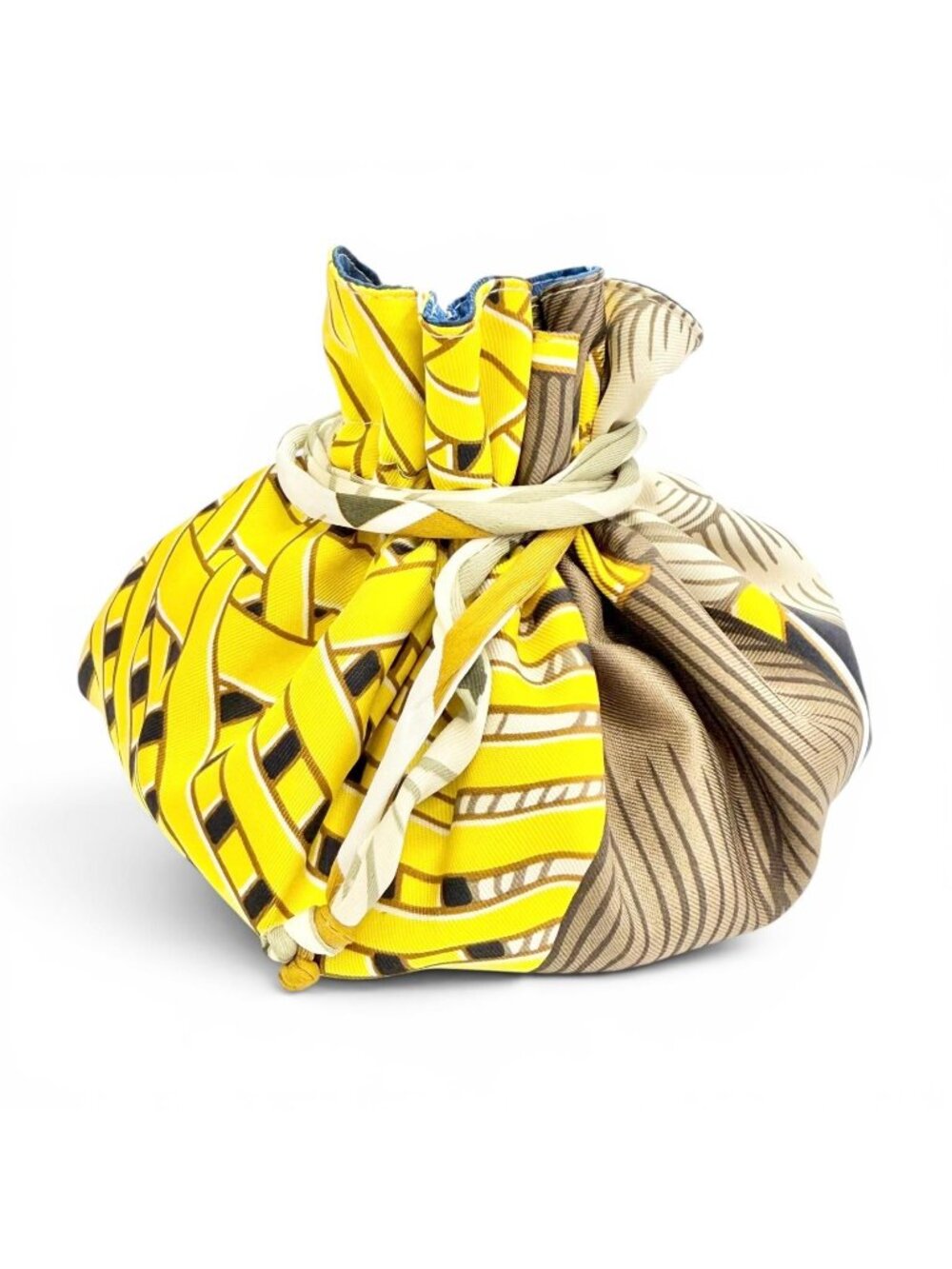Hermes Petit H Silk 100% Masan & Reversible Drawstring Pouch Yellow Blue